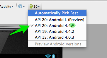 Versão do Android selecionada no Android Studio